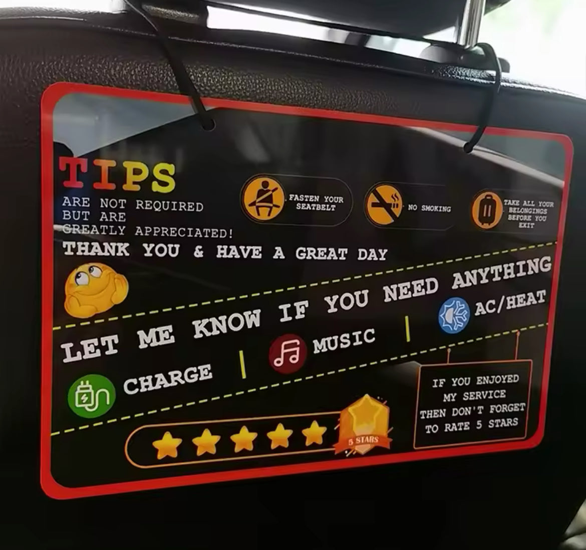 5-Star Rating & Tips Rideshare Sign (2Pcs)