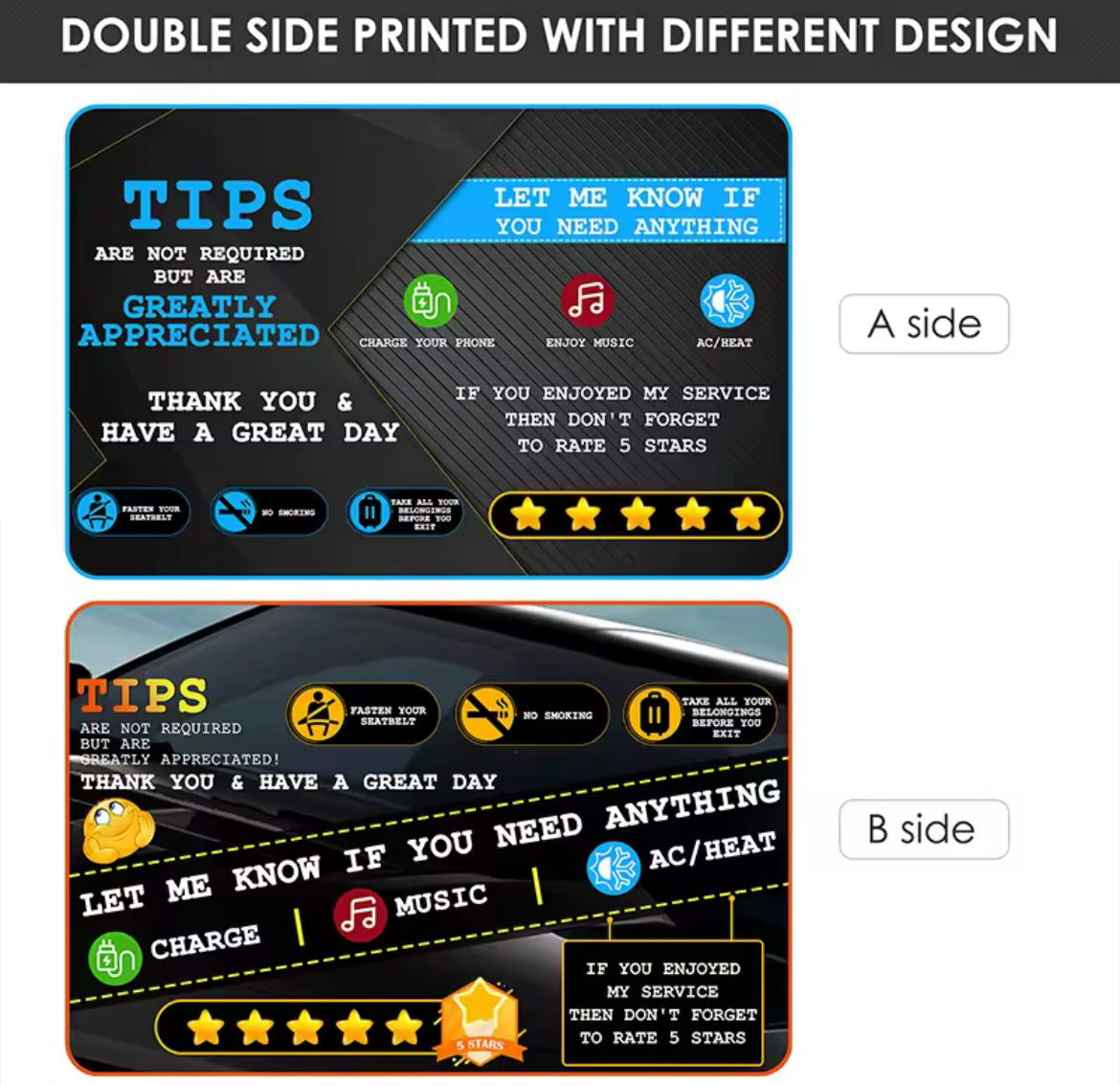 5-Star Rating & Tips Rideshare Sign (2Pcs)